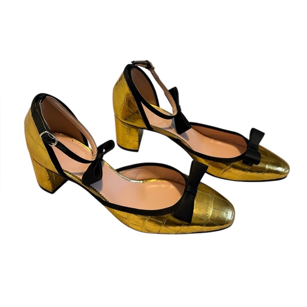 Millie Bow Ankle-Strap Heels in Metallic Croc-Embossed Leather in Gold Size 8.5 - Picture 7 of 13